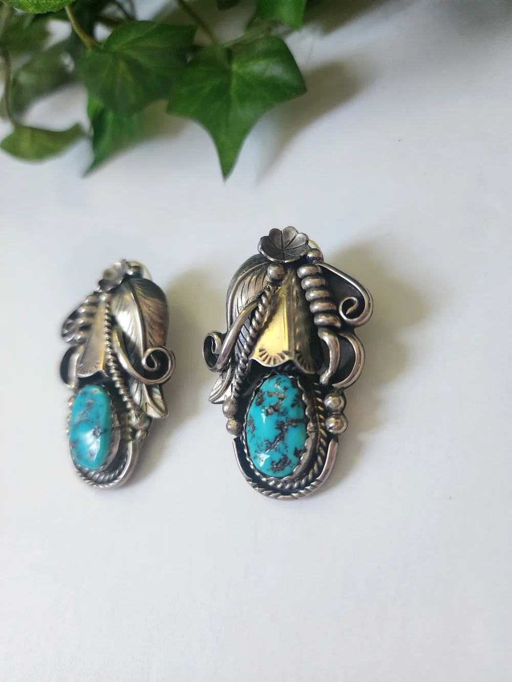 Turquoise Stone Silver Leaf Earrings - Blue Turquoise Women Jewelry - Picture 2 of 4